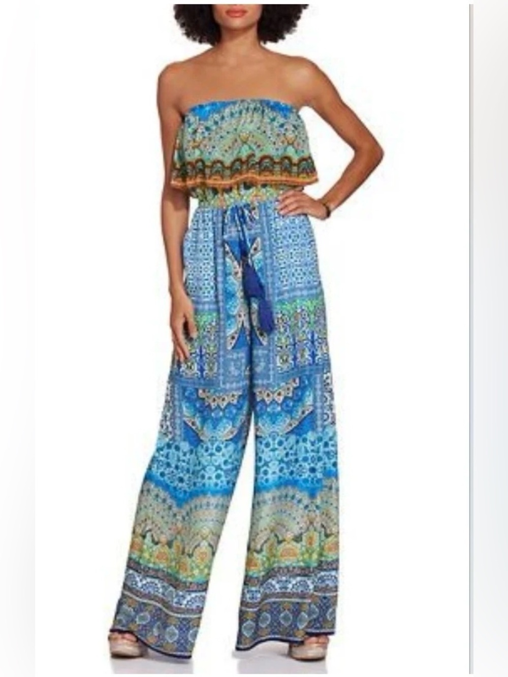 Bohemian Blue Printed Strapless Jumpsuit with Tassel Tie